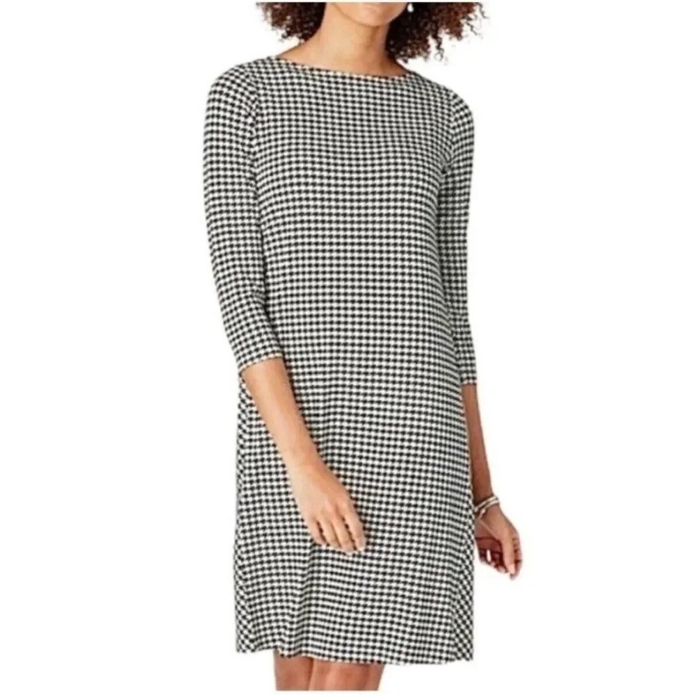 J. Jill Wearever Collection Black White Houndstooth Dress Size L 3/4 Sleeve